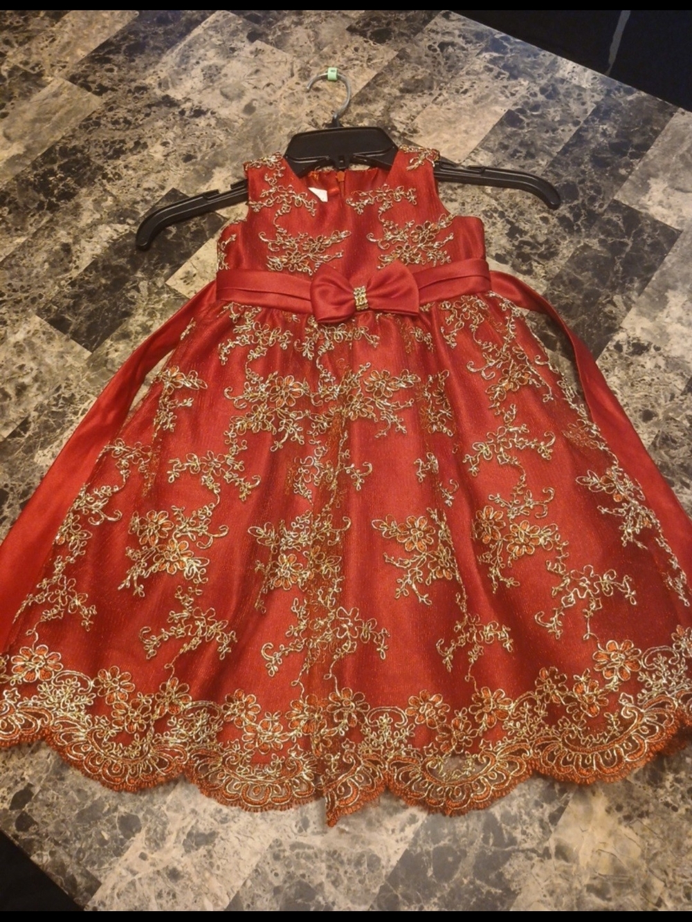 American Princess Red Satin Dress with Gold Embroidery and Bow